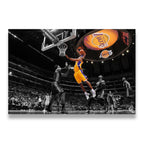 Kobe Bryant Lakers selective color layup canvas wall art with black-and-white crowd and glowing jumbotron at Staples Center
