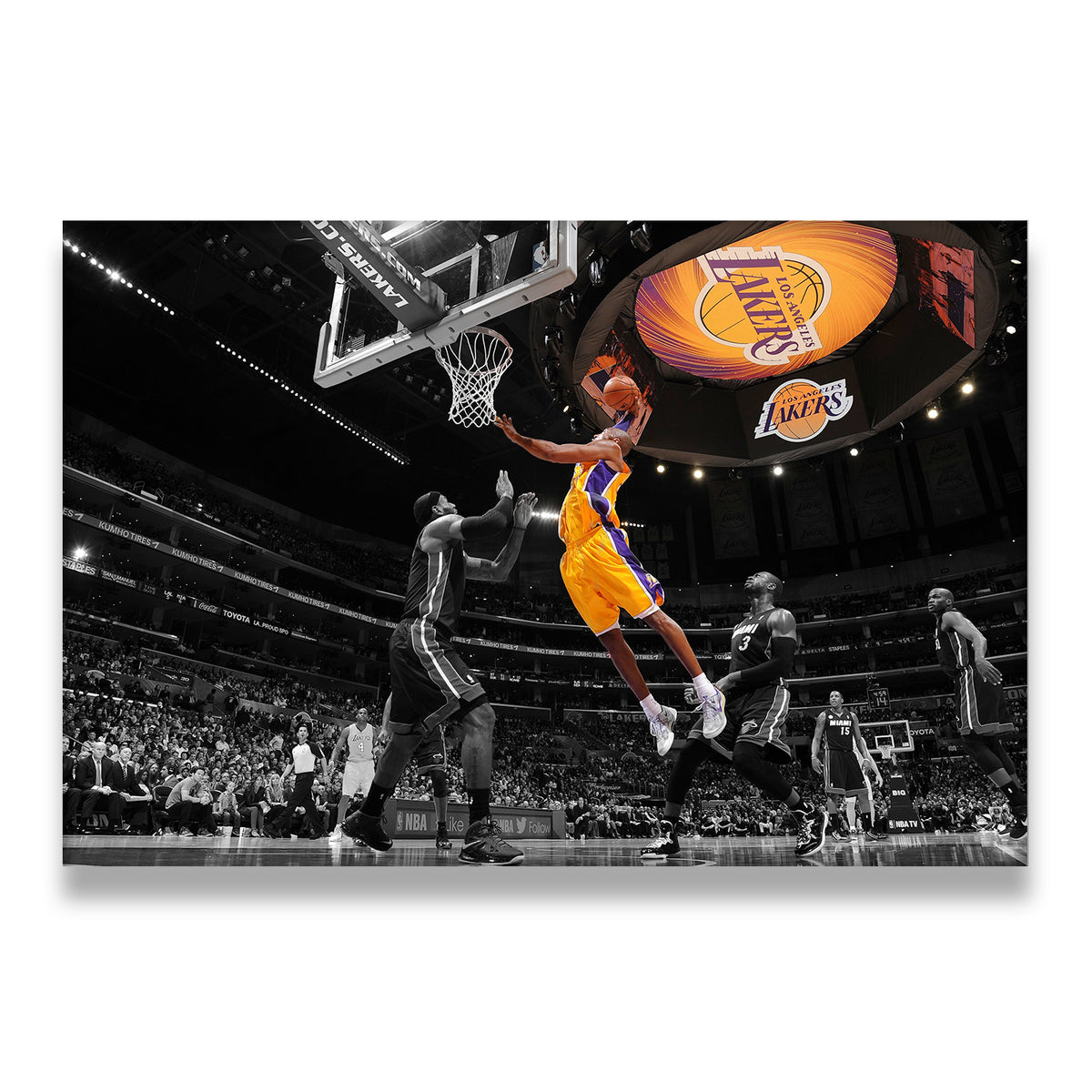 Kobe Bryant Lakers selective color layup canvas wall art with black-and-white crowd and glowing jumbotron at Staples Center