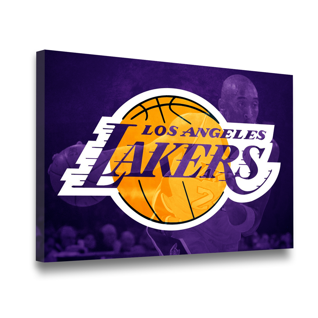 Gallery-wrapped Kobe Bryant Lakers logo canvas wall art shown in angled 3D view