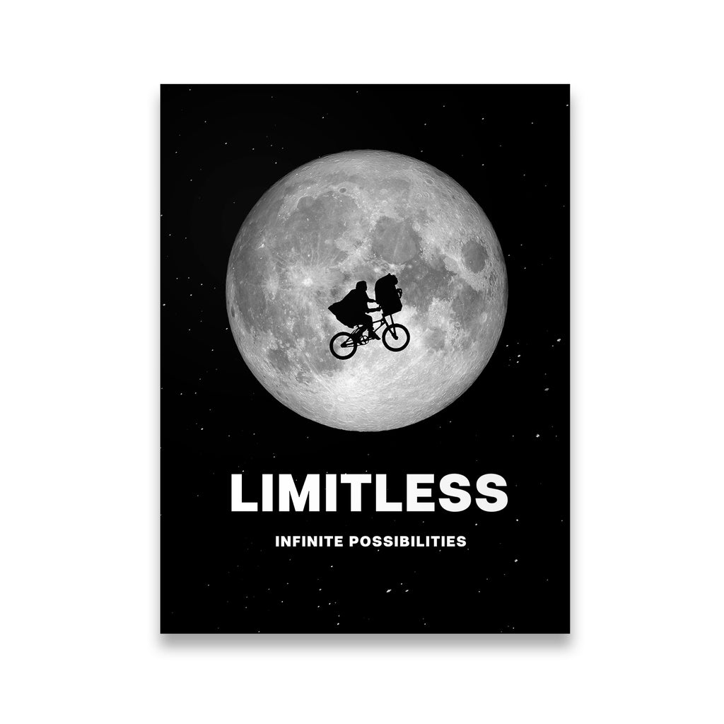 Limitless Infinite Possibilities black and white moon bicycle silhouette motivational canvas wall art print