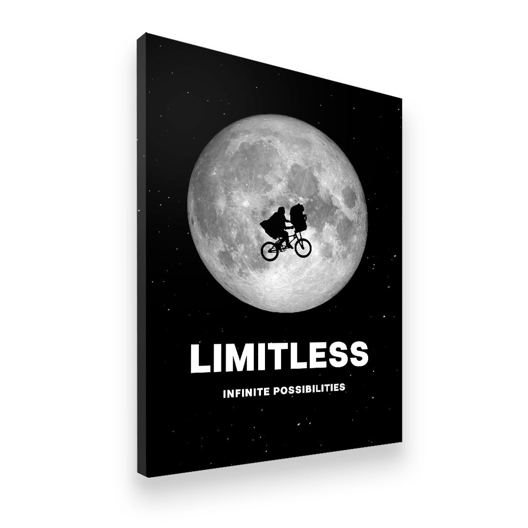 Gallery-wrapped Limitless moon silhouette canvas wall art with bold typography on black starry background