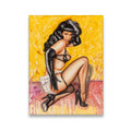 Bettie Page pin-up canvas wall art with golden yellow background, black gloves, and retro 1950s style illustration