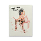 Luxurious Pain pin-up canvas wall art — dark-haired figure in pink satin and black stockings with crop and gift box, retro g