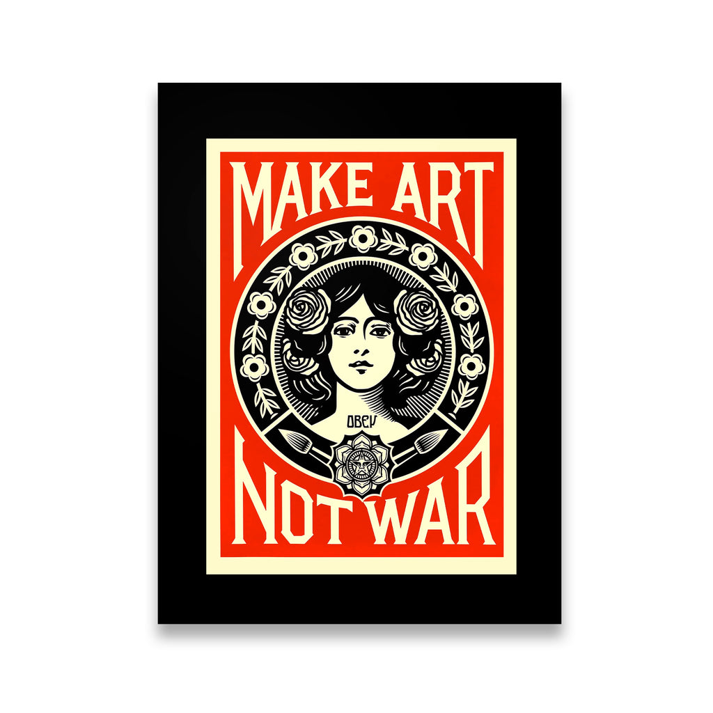 Make Art Not War canvas wall art with red black and cream street art poster design featuring floral female portrait