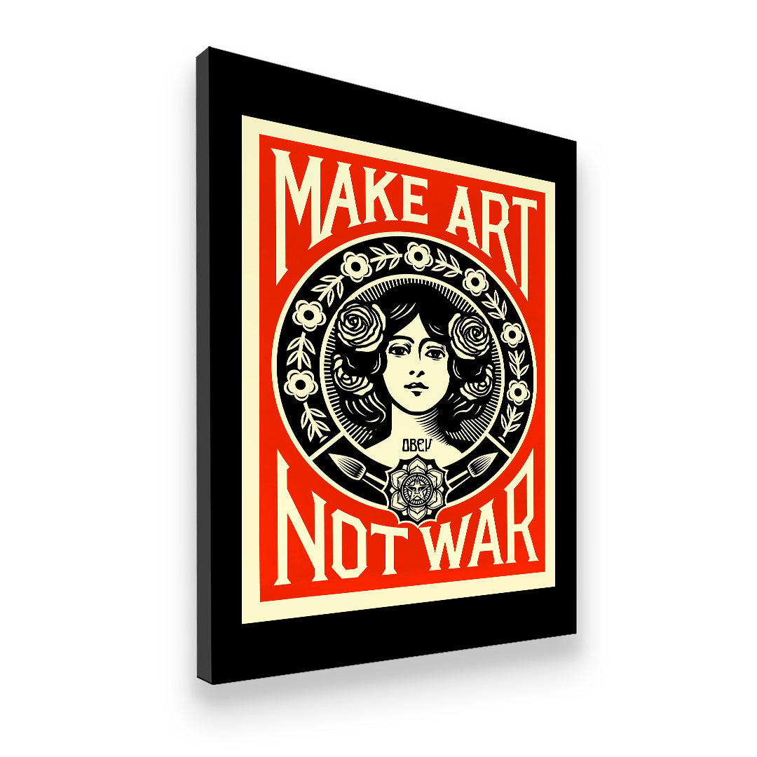 Make Art Not War canvas wall art side angle view showing premium wrapped canvas with bold graphic street art print
