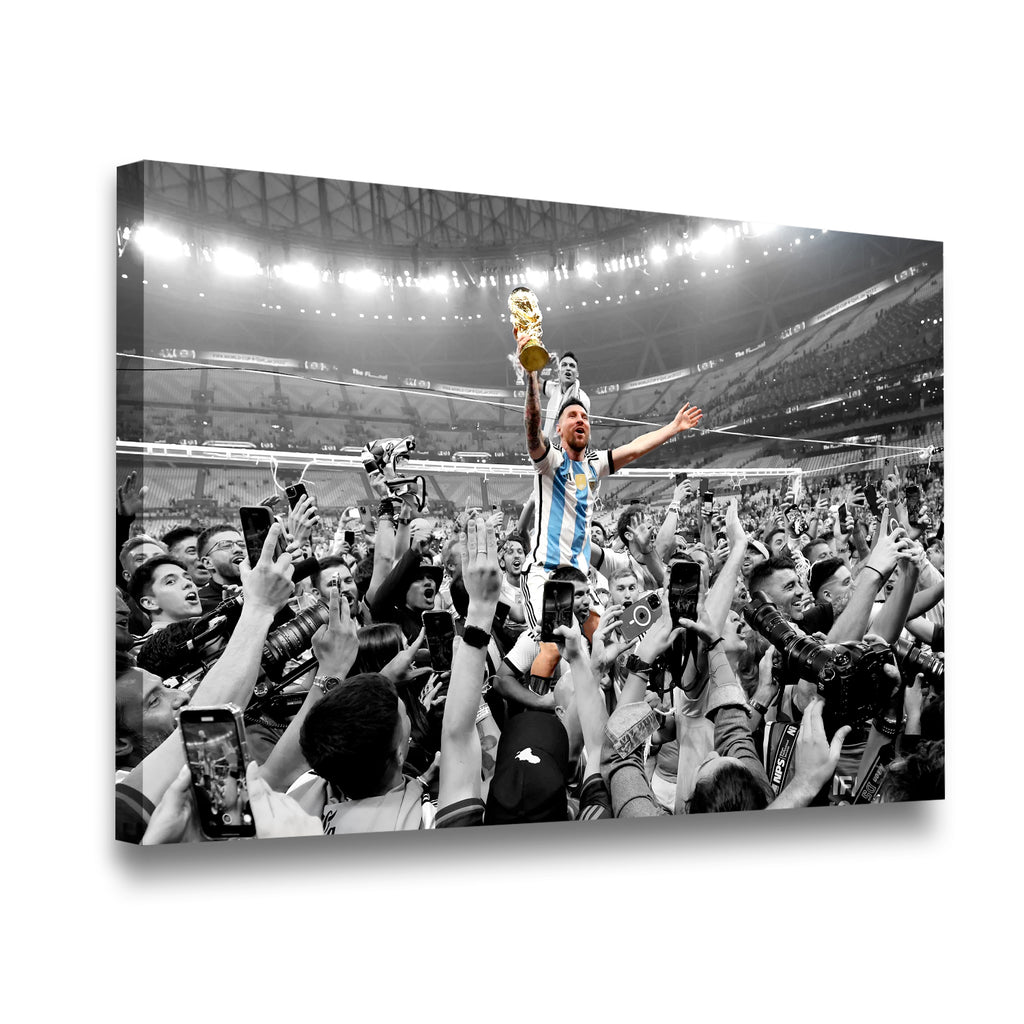 Messi The Great Win Canvas Wall Art side angle showing wrapped canvas depth and print detail