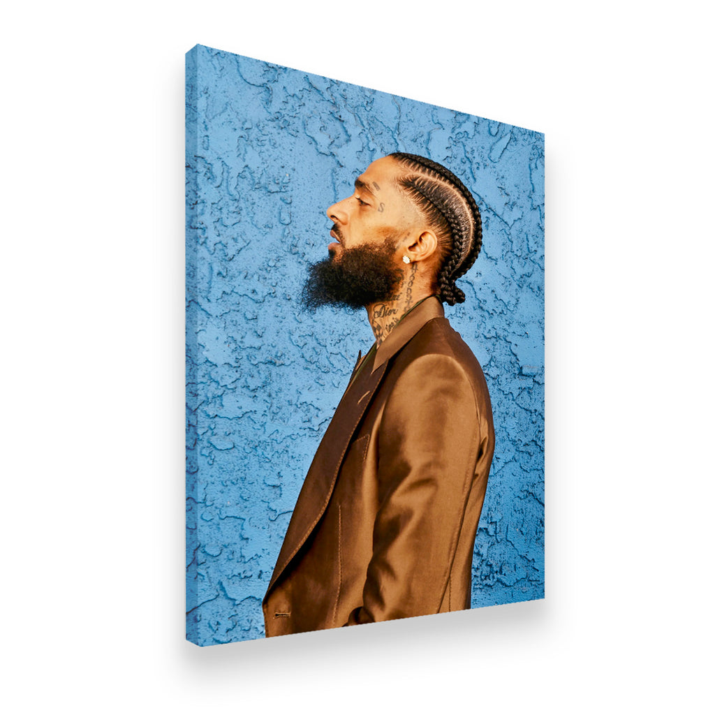Nipsey Hussle blue wall portrait gallery-wrapped canvas wall art, side angle view showing depth and print quality