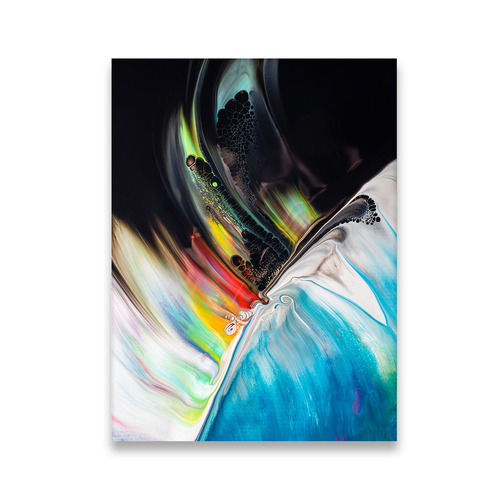 Ocean Energy abstract canvas wall art featuring fluid pour swirls in black, turquoise, and rainbow colors on white backgroun
