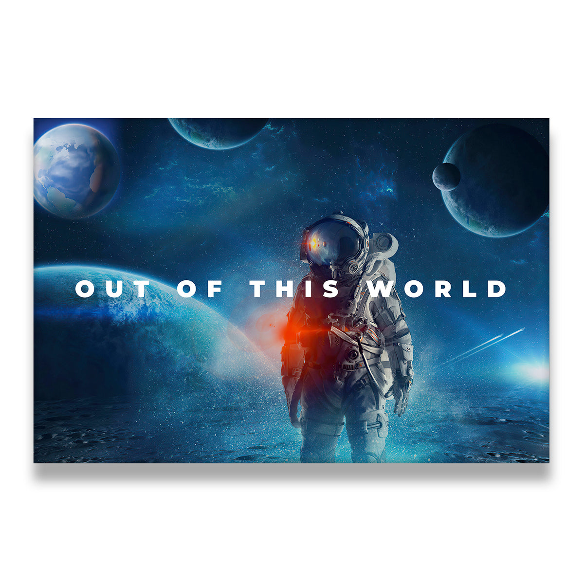 Out of This World astronaut space canvas wall art with glowing planets and deep blue nebula background
