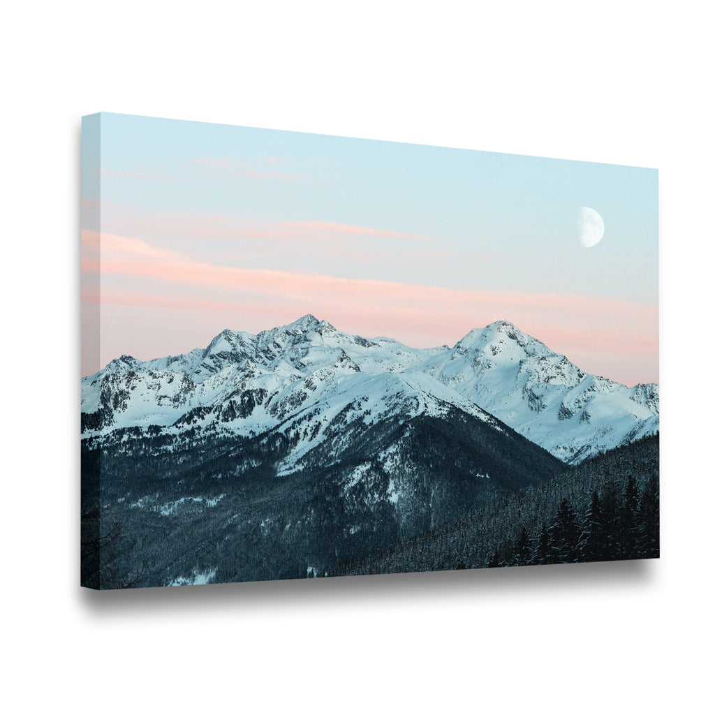 Pink Clouds Blue Mountains Canvas Wall Art side angle showing wrapped canvas depth and print detail
