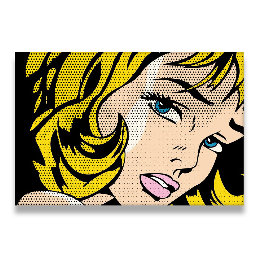 Pop art canvas wall art featuring a close-up comic-style blonde woman with halftone dots, blue eyes, and pink lips on black 