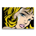 Pop art canvas wall art featuring a close-up comic-style blonde woman with halftone dots, blue eyes, and pink lips on black 