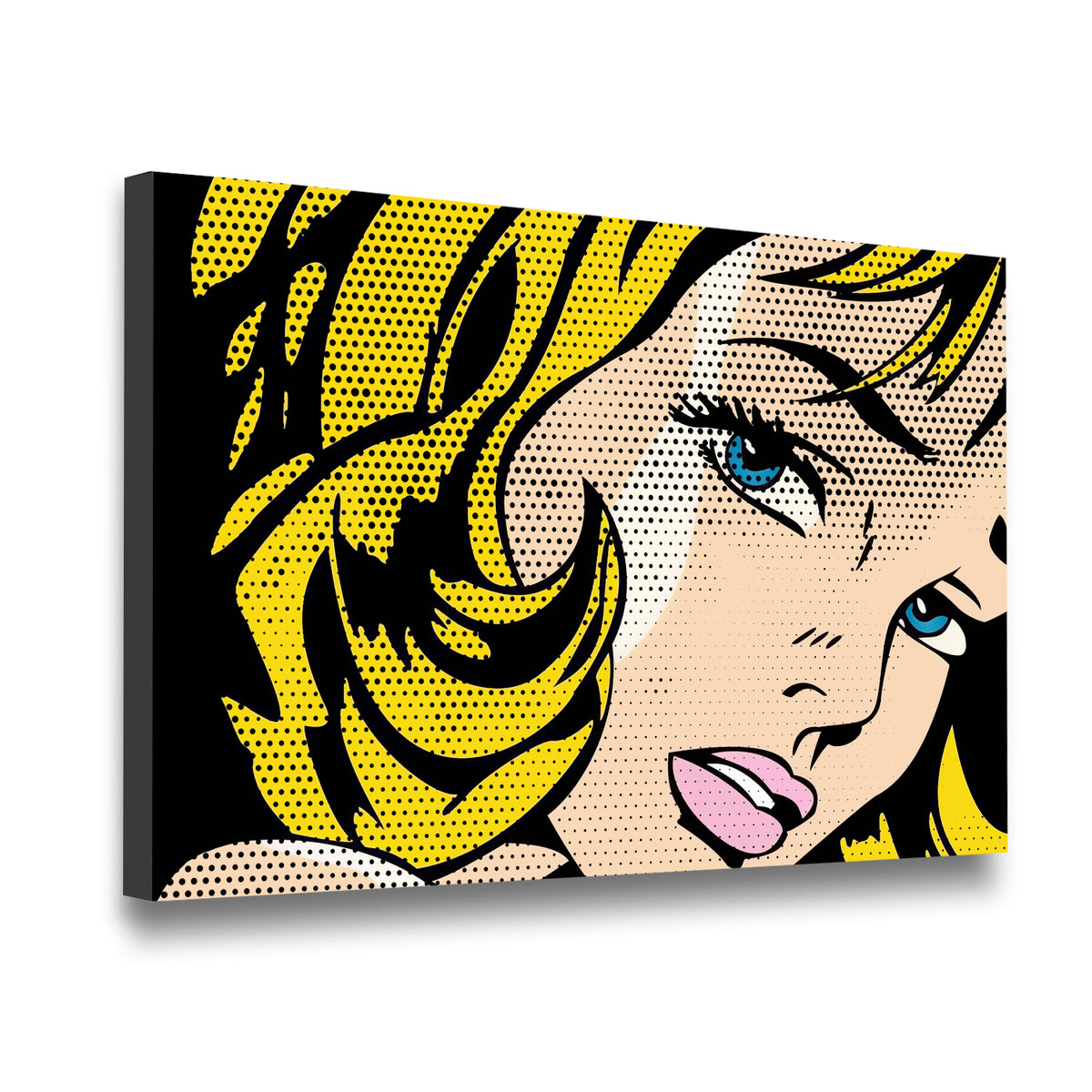 Gallery-wrapped pop art canvas wall art showing a comic girl portrait with bold yellow hair and halftone detail, angled side