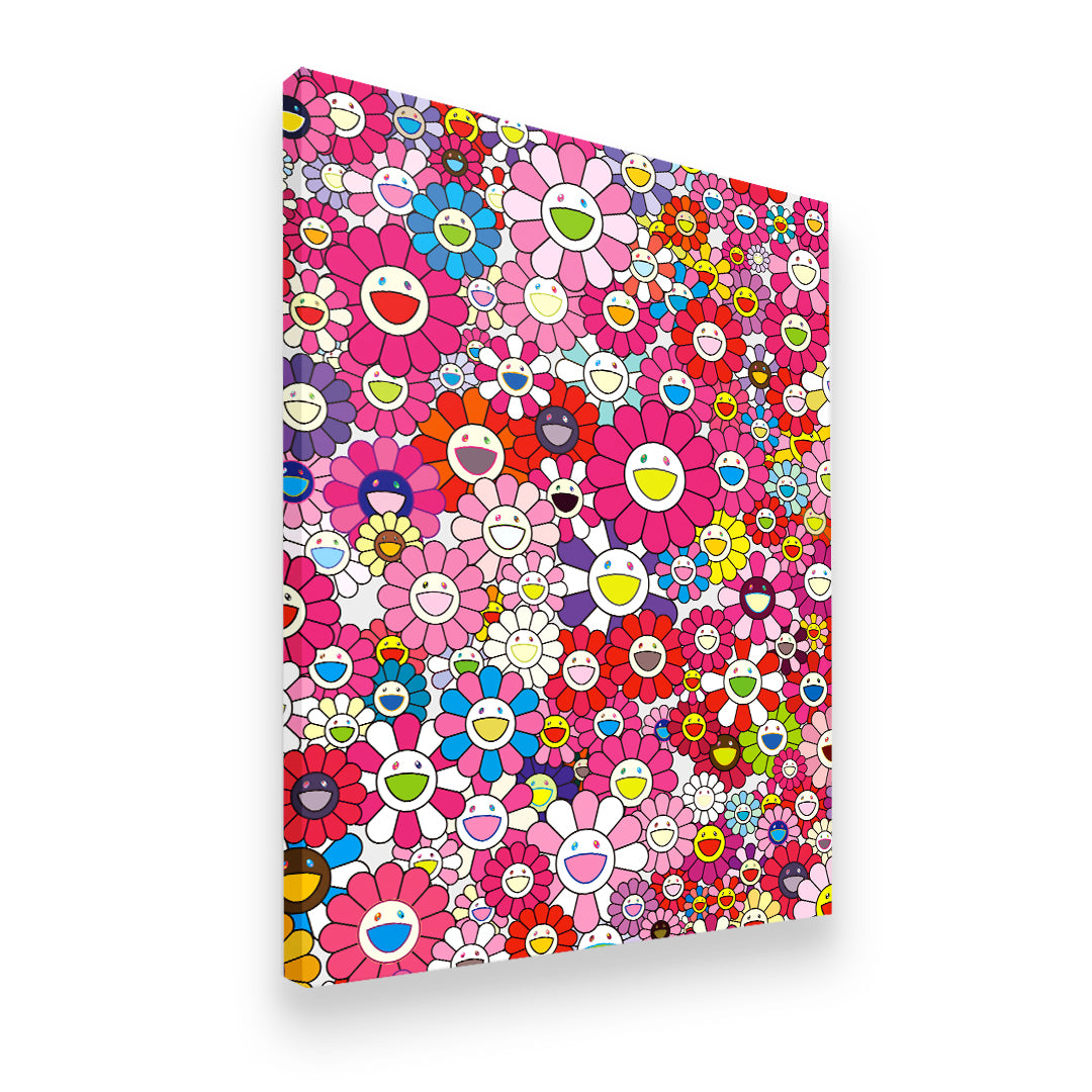 Side angle view of smiling flower pattern canvas wall art showing premium wrap depth and vibrant pop art print