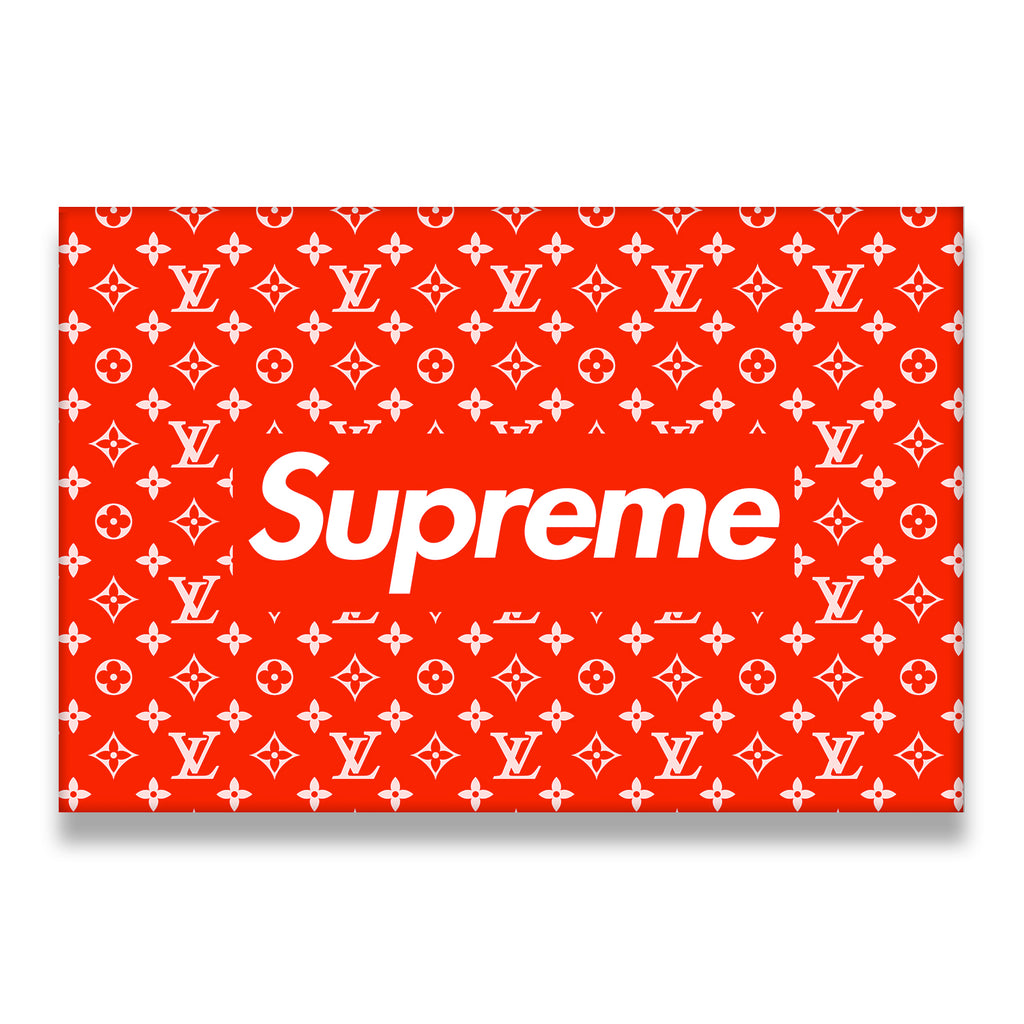 Supreme x Louis Vuitton red monogram box logo canvas wall art flat view — streetwear luxury graphic print