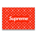 Supreme x Louis Vuitton red monogram box logo canvas wall art flat view — streetwear luxury graphic print