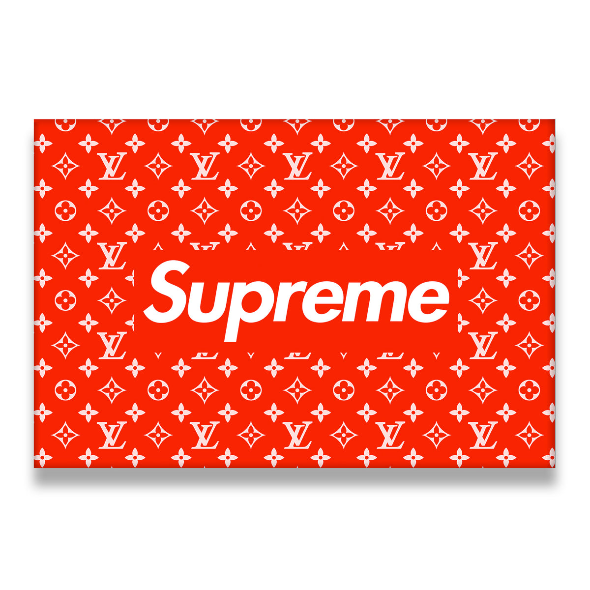 Supreme x Louis Vuitton red monogram box logo canvas wall art flat view — streetwear luxury graphic print