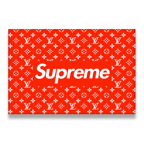 Supreme x Louis Vuitton red monogram box logo canvas wall art flat view — streetwear luxury graphic print