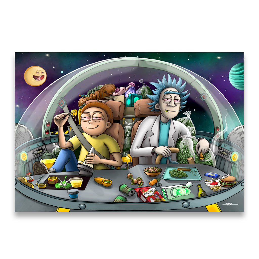 Rick and Morty chilling inside their space cruiser cockpit surrounded by alien snacks and intergalactic gear — canvas wall a