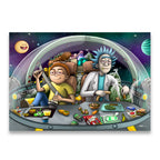 Rick and Morty chilling inside their space cruiser cockpit surrounded by alien snacks and intergalactic gear — canvas wall a