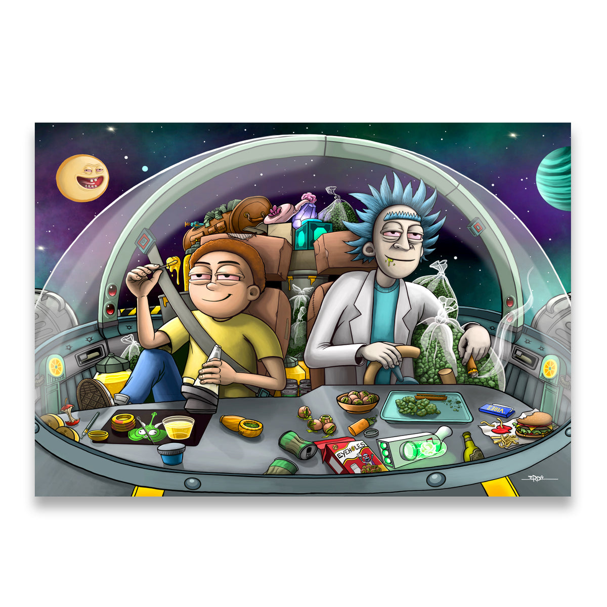Rick and Morty chilling inside their space cruiser cockpit surrounded by alien snacks and intergalactic gear — canvas wall a