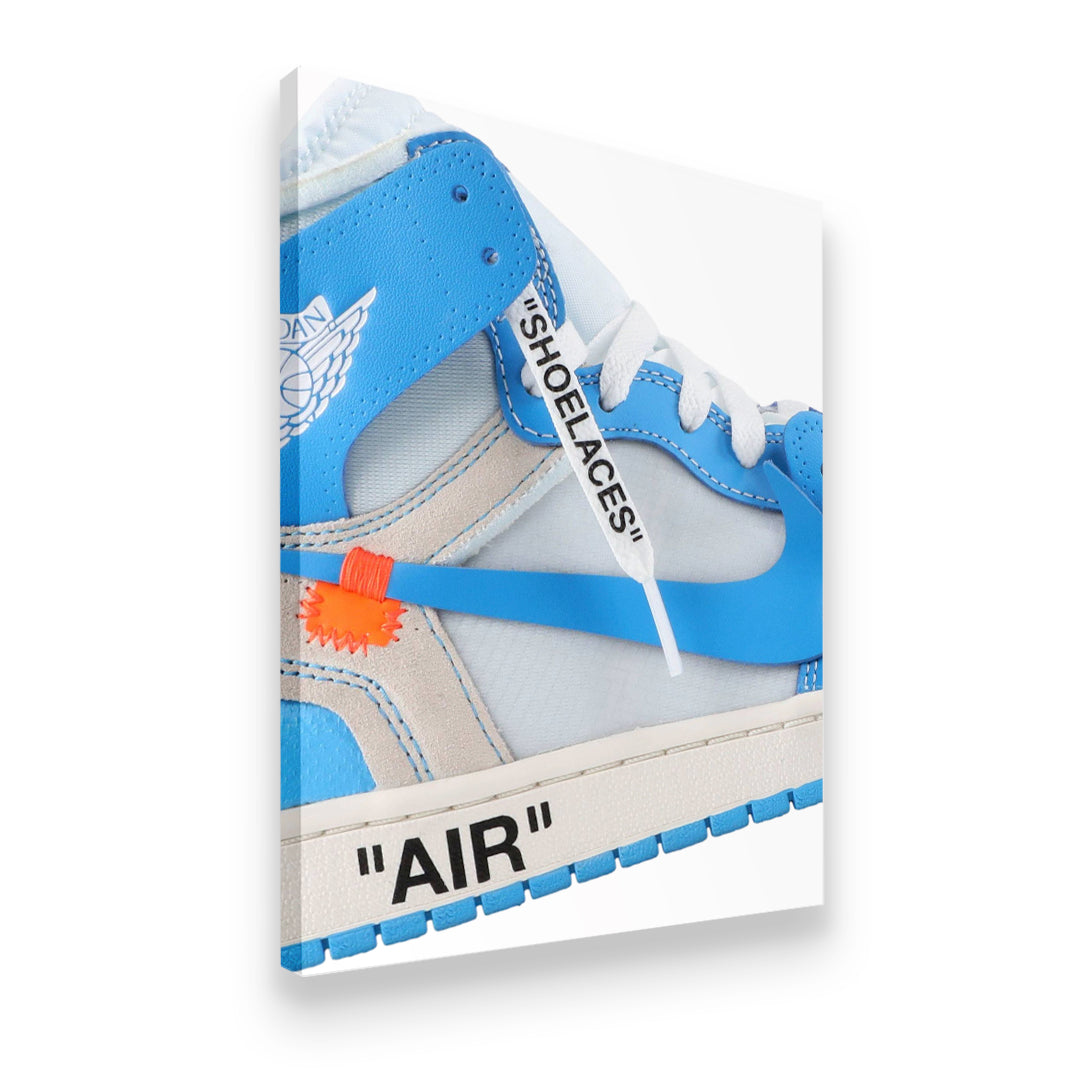 Gallery-wrapped Air Jordan 1 Off-White UNC blue sneaker canvas wall art — side angle showing archival print depth