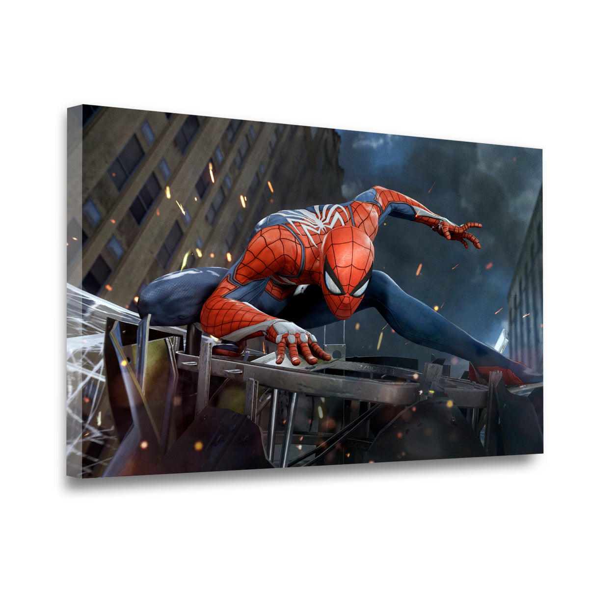 Spider-Man action pose canvas wall art gallery-wrapped on pine frame, side angle product view