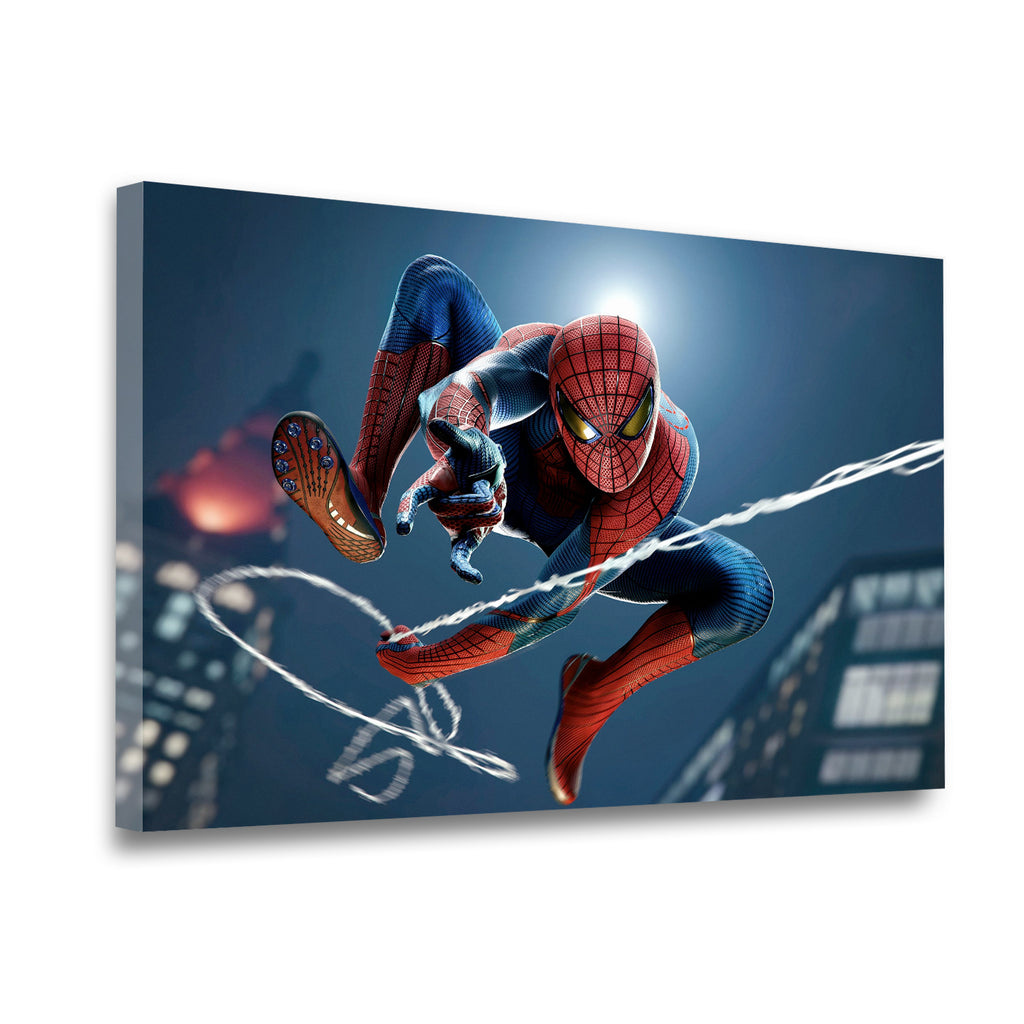 Gallery-wrapped Spider-Man canvas wall art showing the web-crawling hero mid-swing against a dramatic midnight cityscape