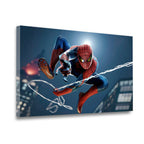 Gallery-wrapped Spider-Man canvas wall art showing the web-crawling hero mid-swing against a dramatic midnight cityscape