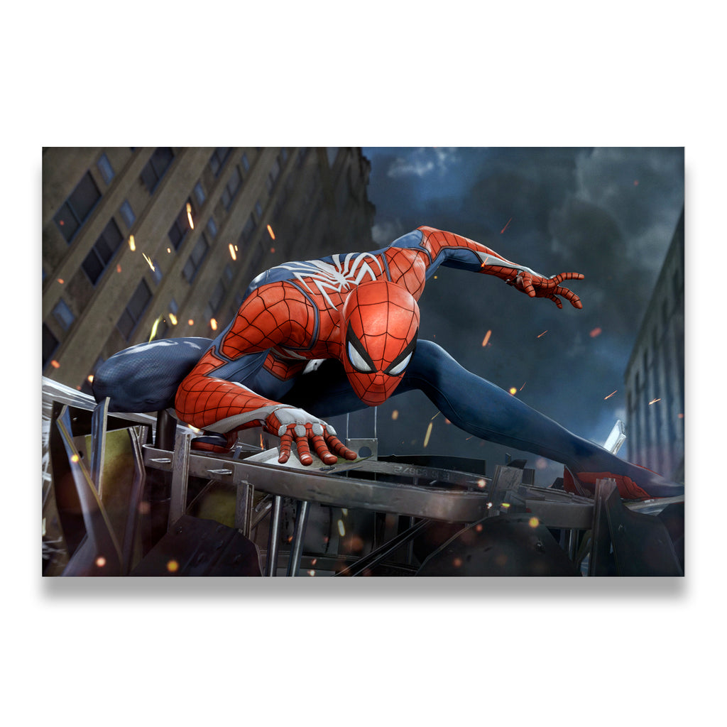 Spider-Man crouching over debris in dramatic city battle scene — canvas wall art flat print view