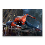 Spider-Man crouching over debris in dramatic city battle scene — canvas wall art flat print view