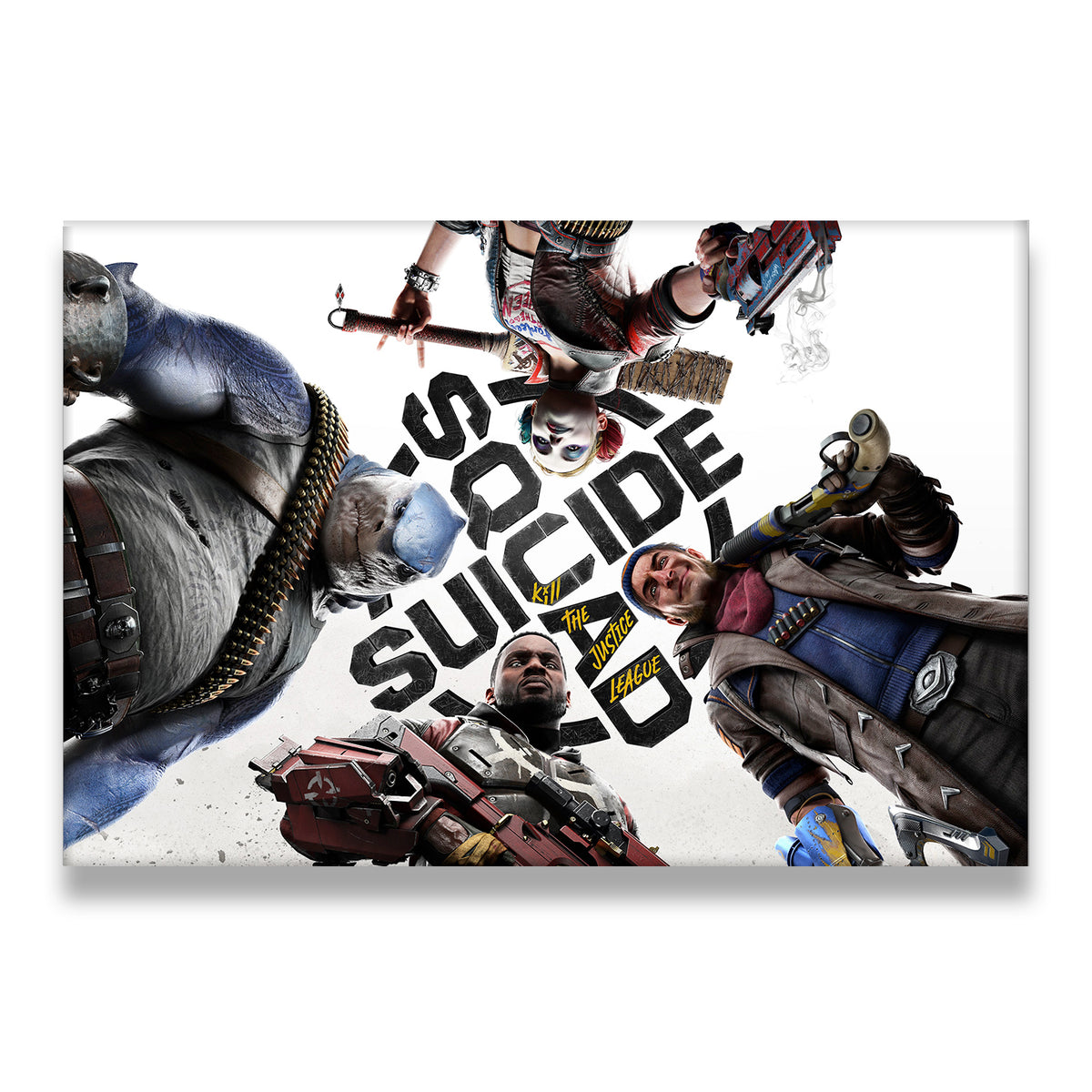 Suicide Squad Kill the Justice League canvas wall art featuring King Shark, Harley Quinn, Deadshot, and Captain Boomerang lo