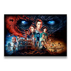 Stranger Things cast collage canvas wall art featuring Eleven, Vecna, Creel House, and the full Hawkins ensemble in vivid sc