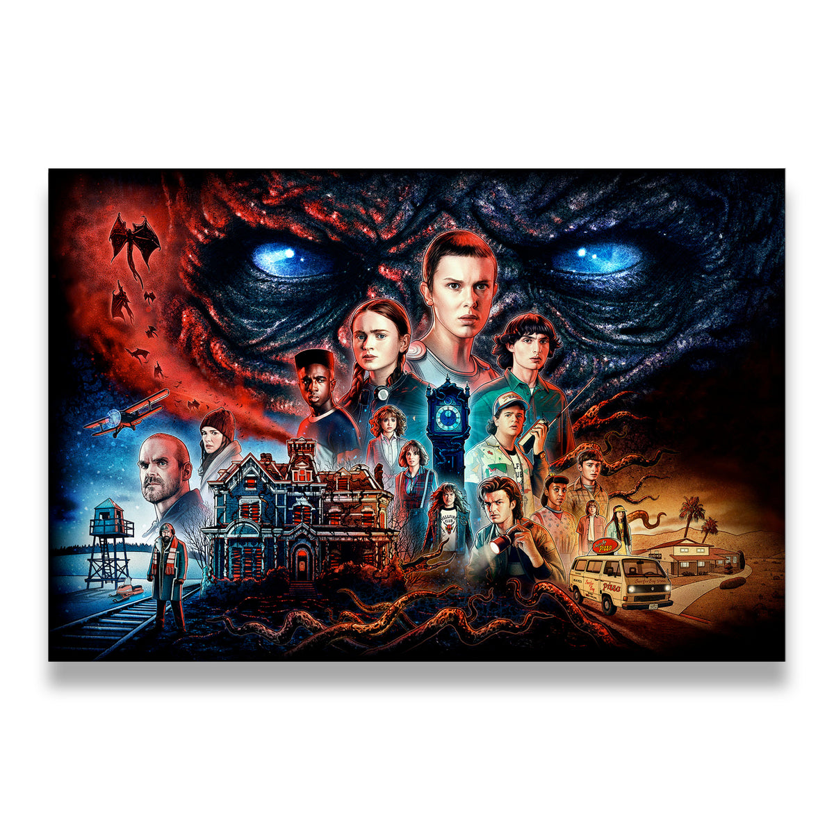 Stranger Things cast collage canvas wall art featuring Eleven, Vecna, Creel House, and the full Hawkins ensemble in vivid sc