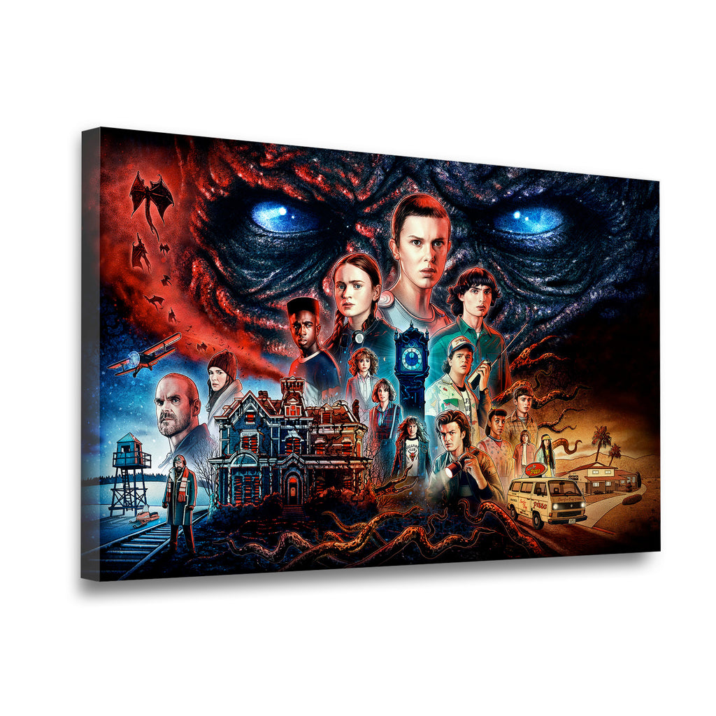Gallery-wrapped Stranger Things canvas wall art showing Eleven, Hopper, Steve, Max, and Vecna in a dramatic Upside Down coll
