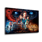 Gallery-wrapped Stranger Things canvas wall art showing Eleven, Hopper, Steve, Max, and Vecna in a dramatic Upside Down coll