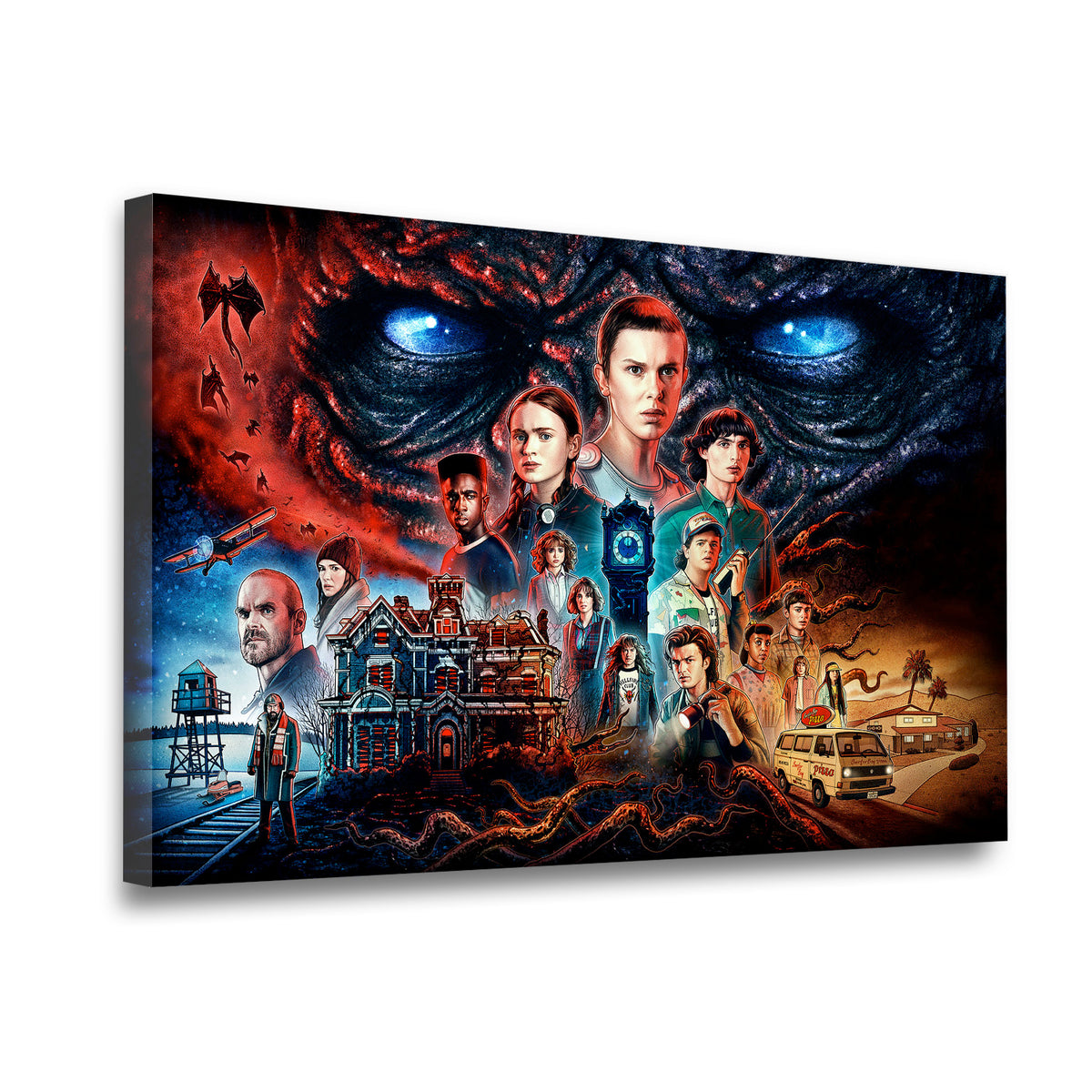 Gallery-wrapped Stranger Things canvas wall art showing Eleven, Hopper, Steve, Max, and Vecna in a dramatic Upside Down coll