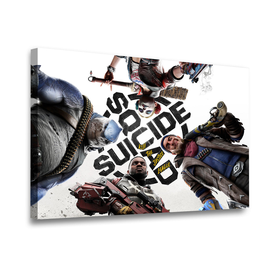 Gallery-wrapped Suicide Squad Kill the Justice League canvas wall art showing full squad key art with shattered title letter