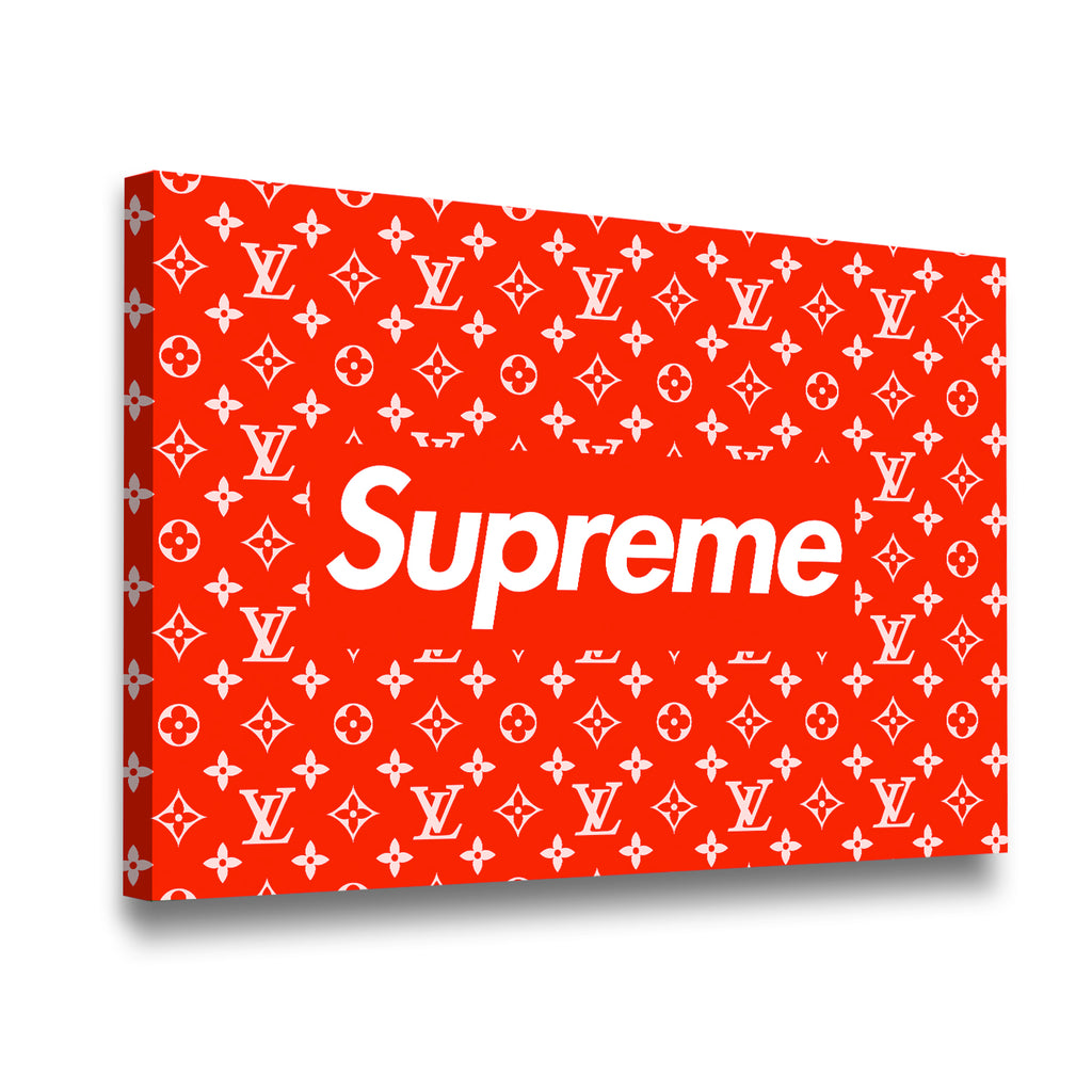 Supreme x Louis Vuitton red monogram canvas wall art gallery-wrapped side angle view — premium streetwear decor