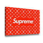 Supreme x Louis Vuitton red monogram canvas wall art gallery-wrapped side angle view — premium streetwear decor