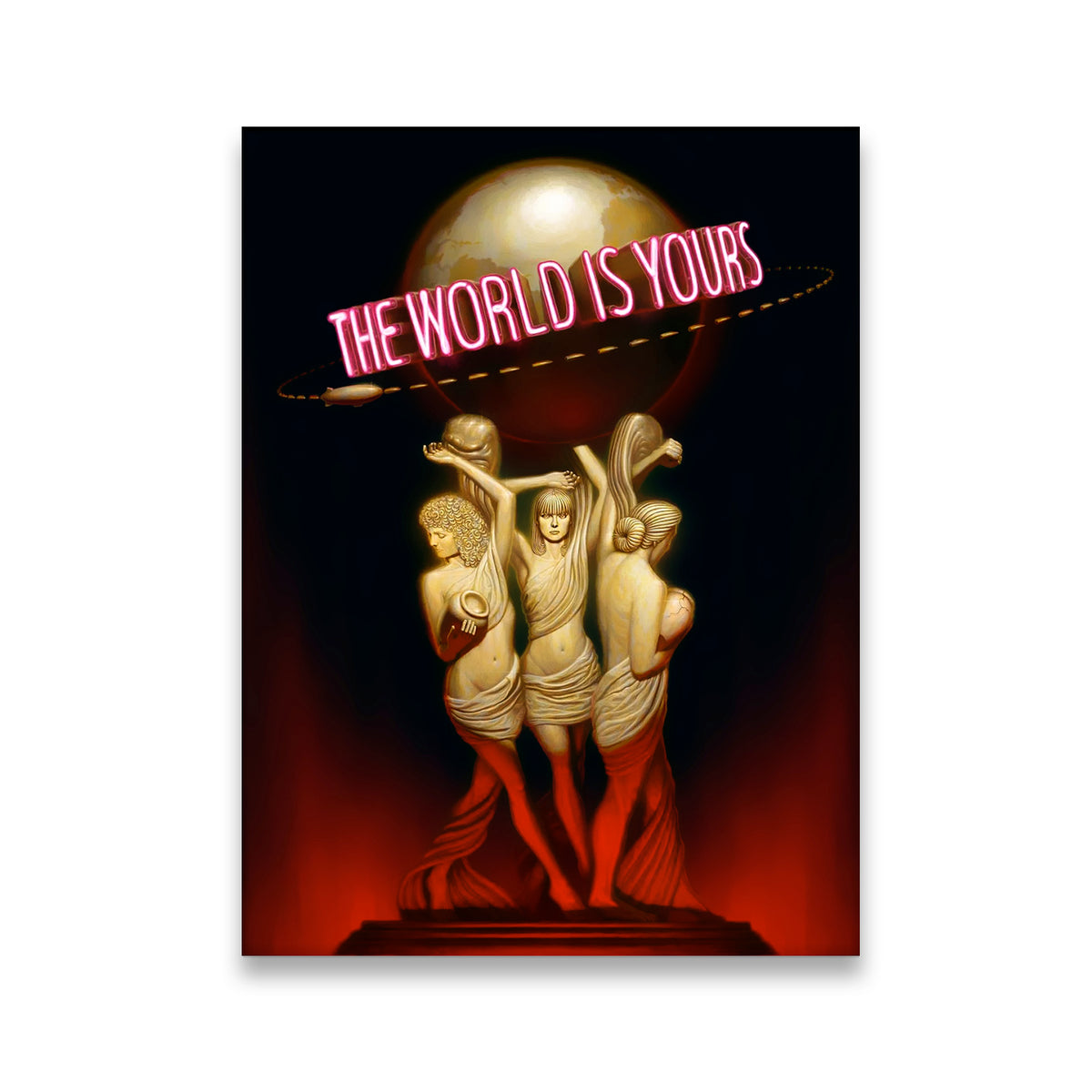 The World Is Yours canvas wall art — three golden goddess statues holding a globe with neon pink lettering on dark crimson b
