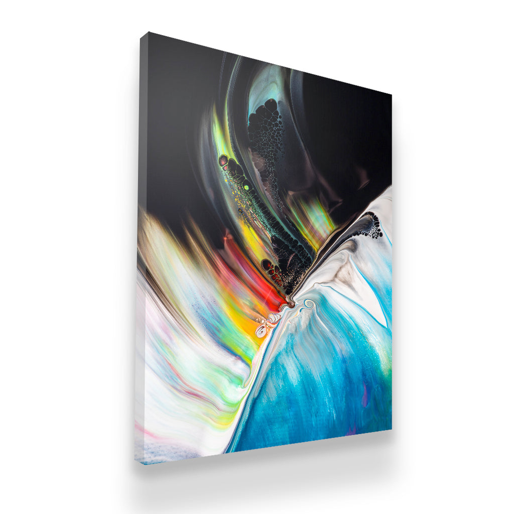 Side-angle view of Ocean Energy premium abstract canvas wall art with dramatic black and vibrant fluid color contrast