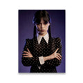 Wednesday Addams portrait canvas wall art — gothic dark academia character in skull-print dress with twin braids on purple b