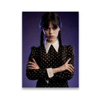Wednesday Addams portrait canvas wall art — gothic dark academia character in skull-print dress with twin braids on purple b