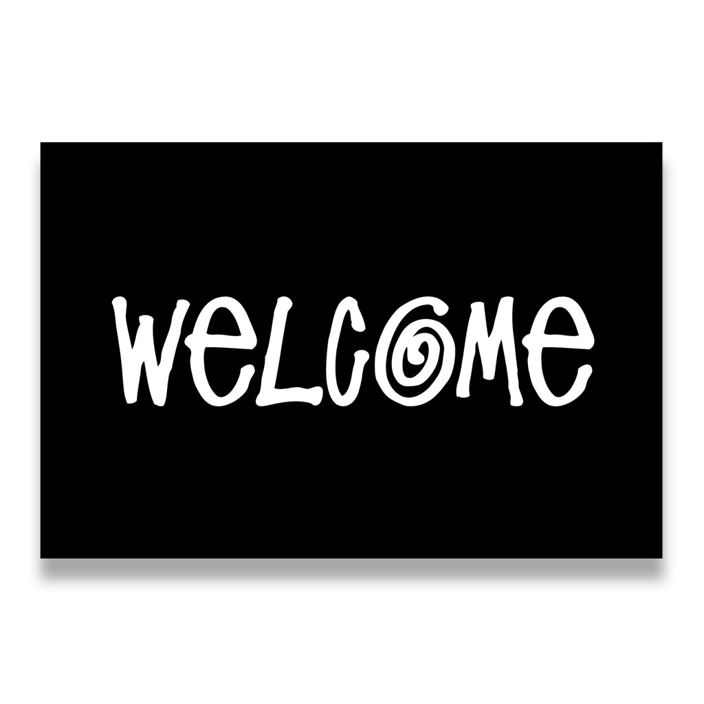 Black and white Welcome typography canvas wall art with bold swirl-accented hand-lettered text on black background