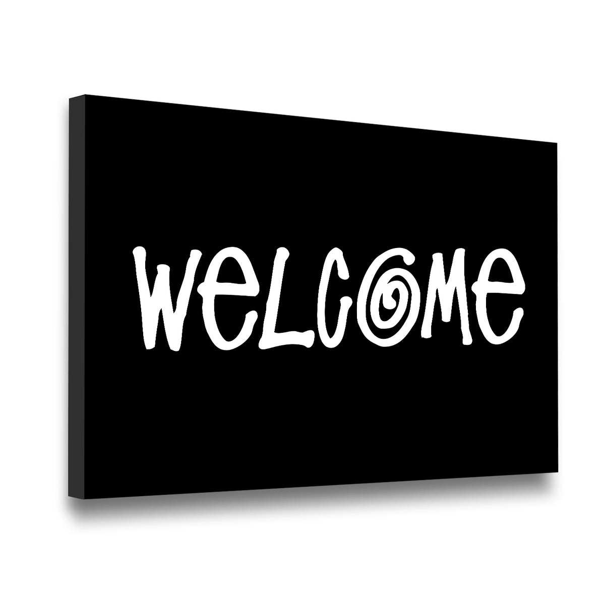 Welcome canvas wall art side angle view showing gallery-wrapped black canvas with white hand-lettered typography