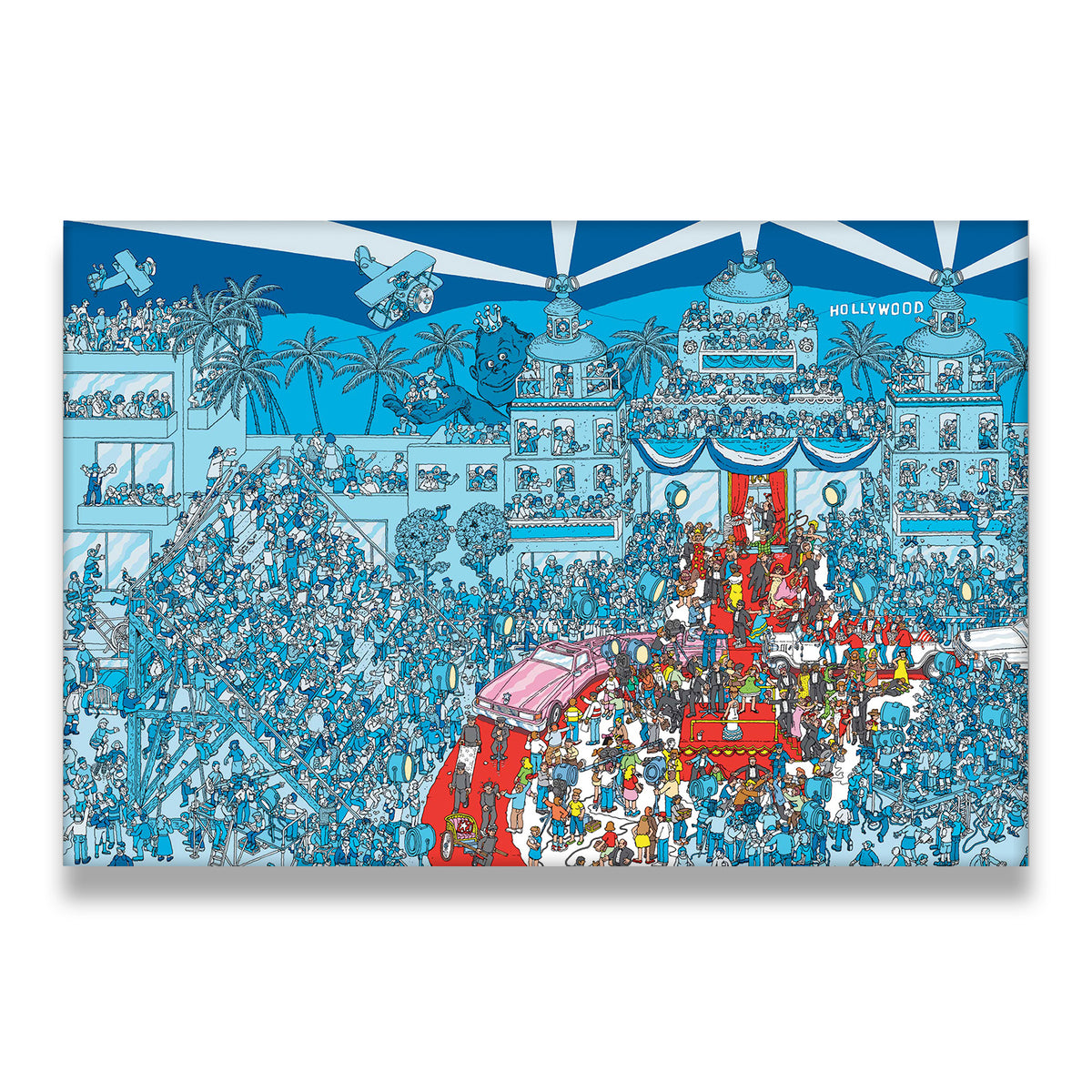 Where's Waldo Hollywood scene canvas wall art — red carpet premiere with searchlights, crowds, and the Hollywood sign in viv