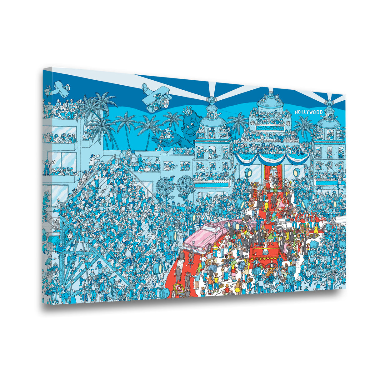 Gallery-wrapped Where's Waldo Hollywood canvas wall art on angled view showing deep wrap edge and full illustrated crowd sce