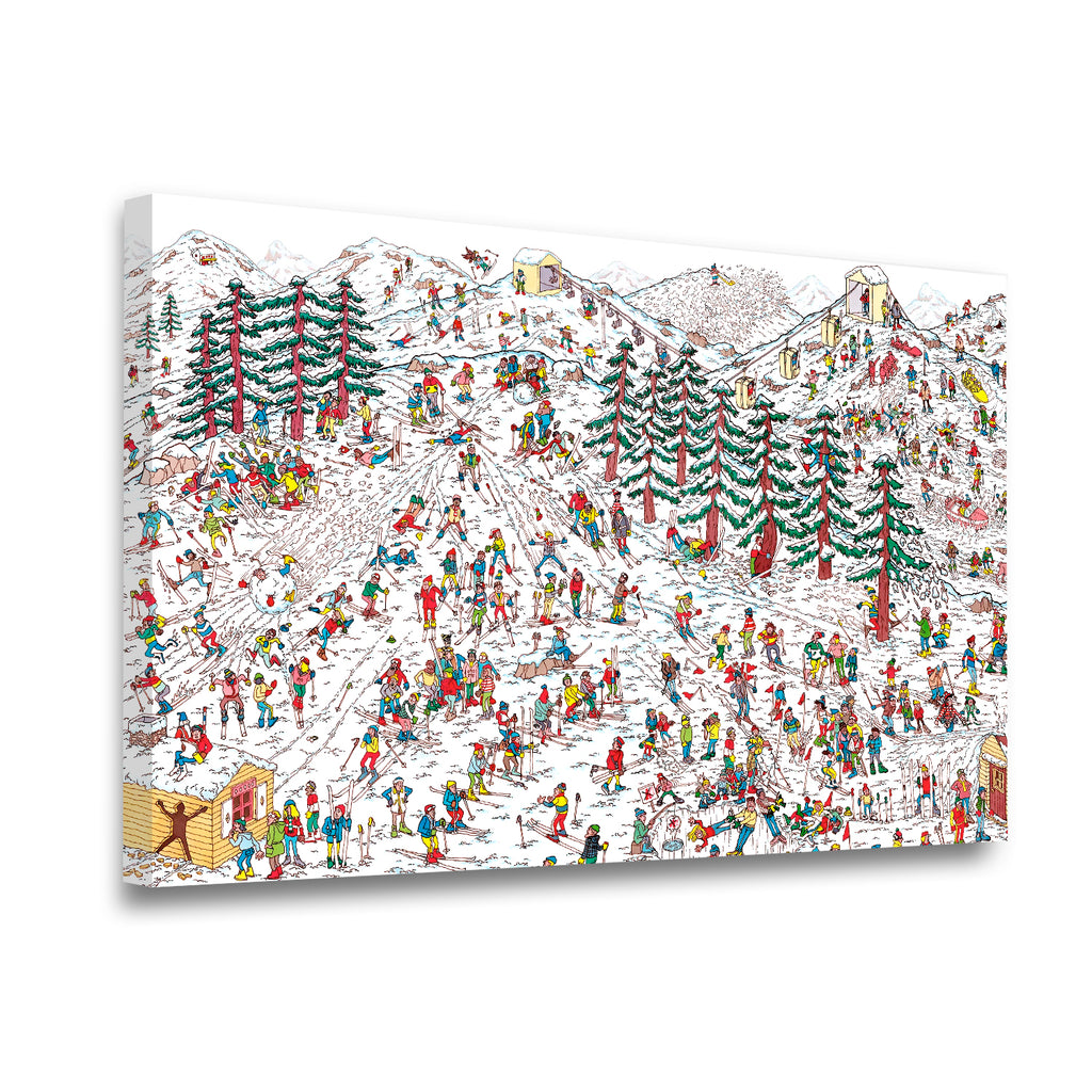 Gallery-wrapped seek-and-find ski slope canvas wall art showing dense crowd illustration in retro style, angled view