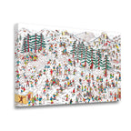 Gallery-wrapped seek-and-find ski slope canvas wall art showing dense crowd illustration in retro style, angled view